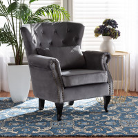 Baxton Studio ZQ-01-Shiny Velvet Grey-Chair Fletcher Classic and Traditional Grey Velvet Fabric Upholstered and Dark Brown Finished Wood Armchaire